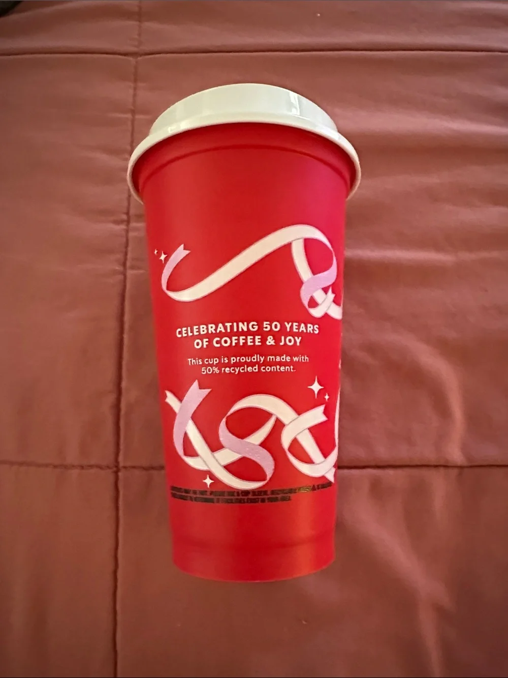Starbucks Red Cup with White Swirl and Green Siren Logo